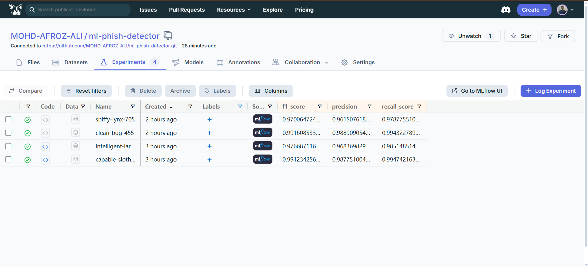 DAGsHub Interface - Experiment Tracking